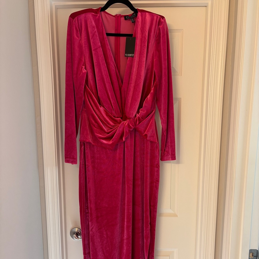 Eloqui crushed velvet hot pink ruched maxi dress nwt 16
